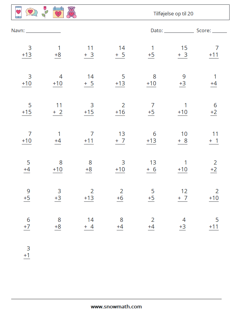 (50) Tilføjelse op til 20 Matematiske regneark 8