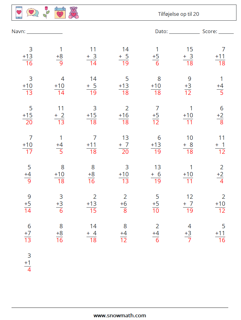 (50) Tilføjelse op til 20 Matematiske regneark 8 Spørgsmål, svar