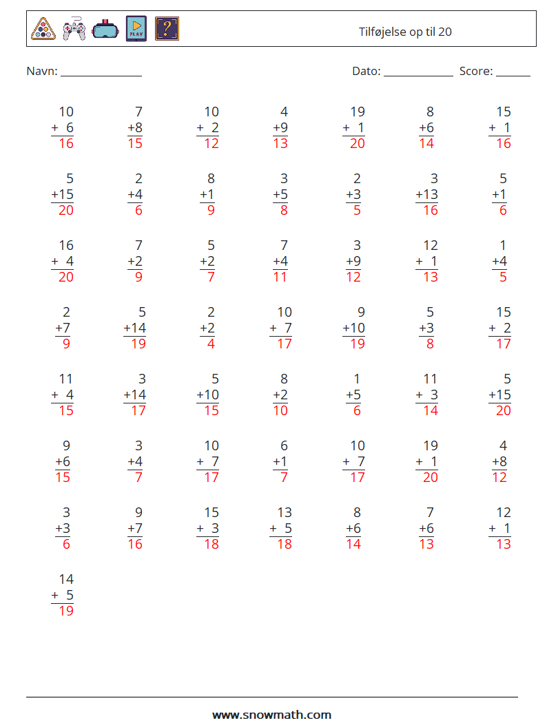 (50) Tilføjelse op til 20 Matematiske regneark 9 Spørgsmål, svar