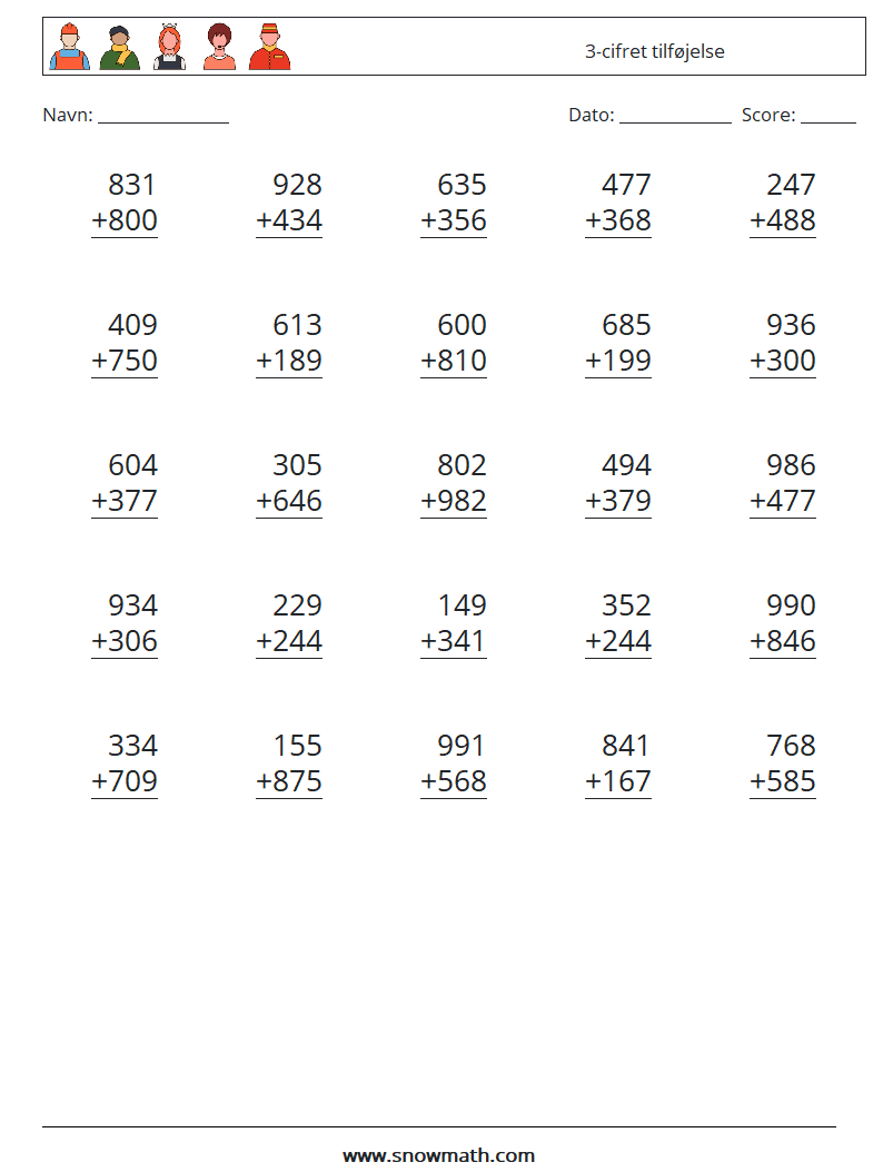 (25) 3-cifret tilføjelse Matematiske regneark 1