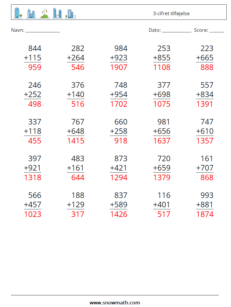 (25) 3-cifret tilføjelse Matematiske regneark 10 Spørgsmål, svar