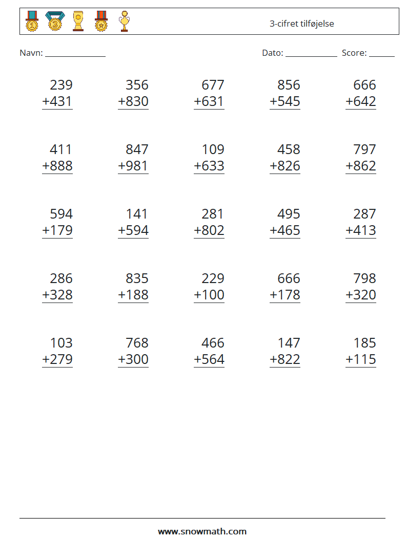 (25) 3-cifret tilføjelse Matematiske regneark 11