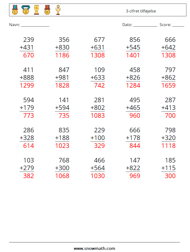 (25) 3-cifret tilføjelse Matematiske regneark 11 Spørgsmål, svar