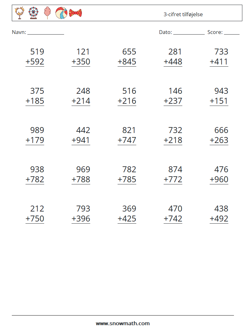 (25) 3-cifret tilføjelse Matematiske regneark 12