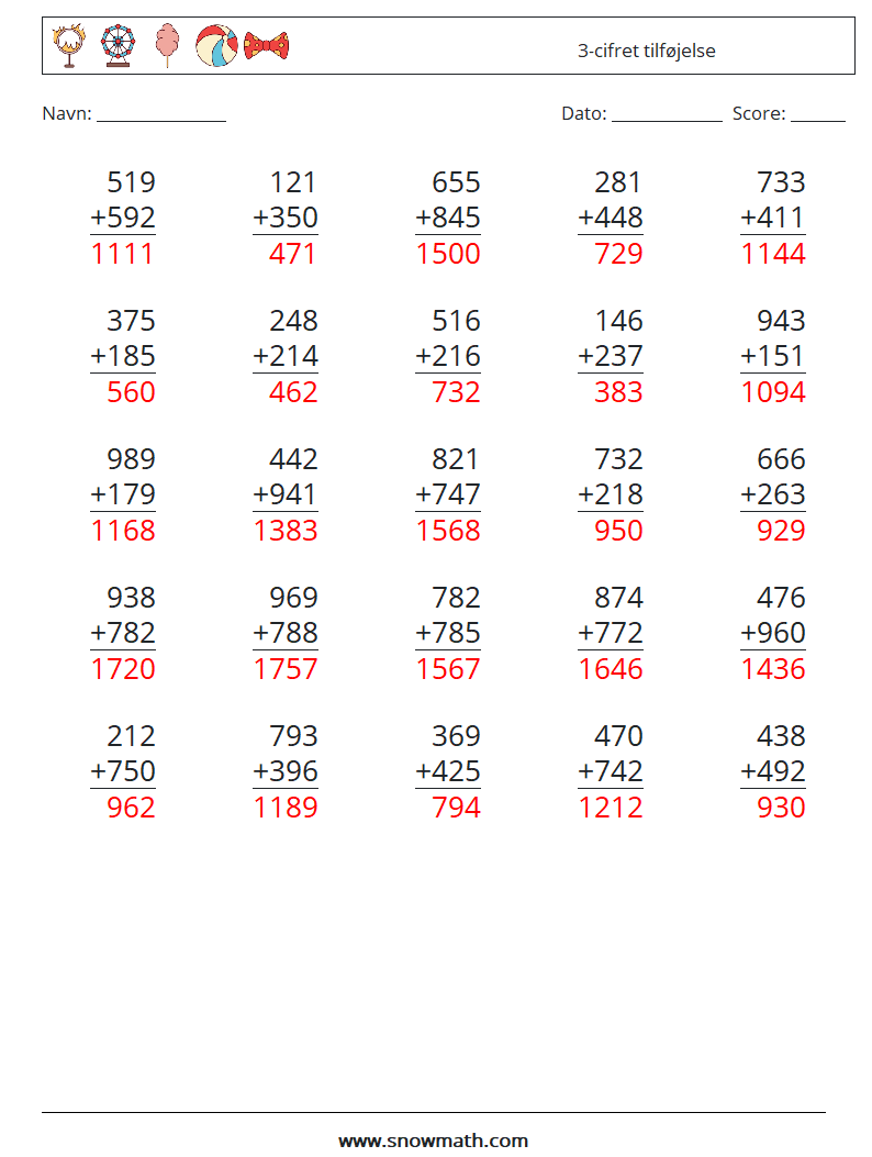 (25) 3-cifret tilføjelse Matematiske regneark 12 Spørgsmål, svar