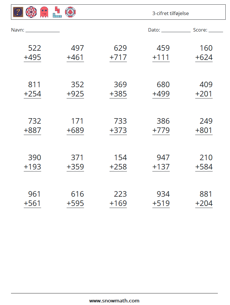 (25) 3-cifret tilføjelse Matematiske regneark 13