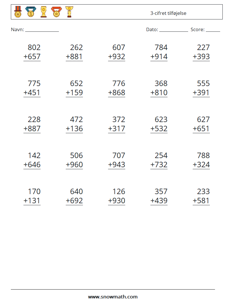 (25) 3-cifret tilføjelse Matematiske regneark 14