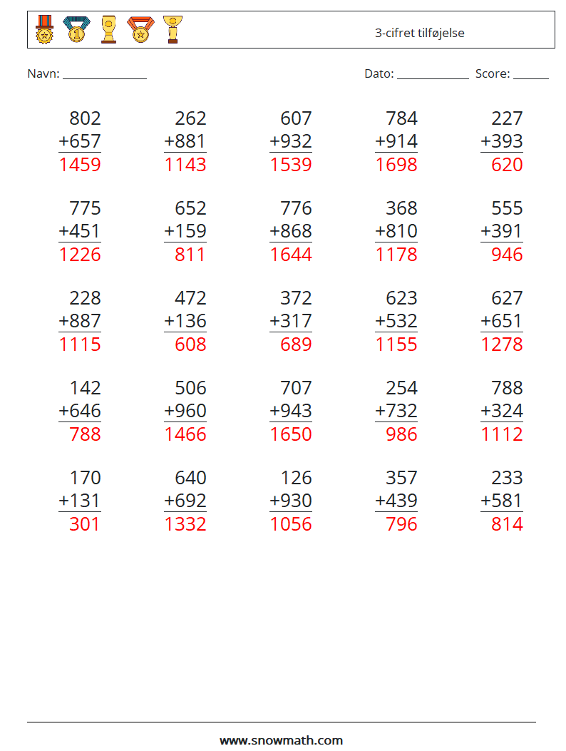 (25) 3-cifret tilføjelse Matematiske regneark 14 Spørgsmål, svar