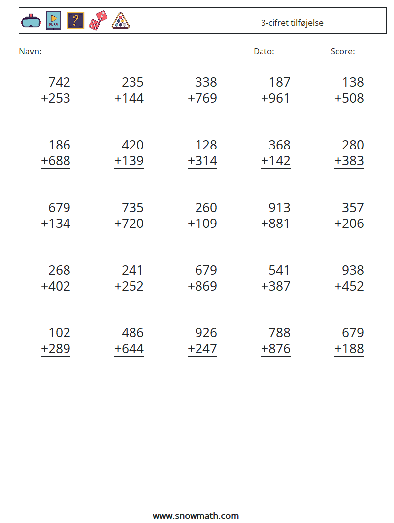 (25) 3-cifret tilføjelse Matematiske regneark 15