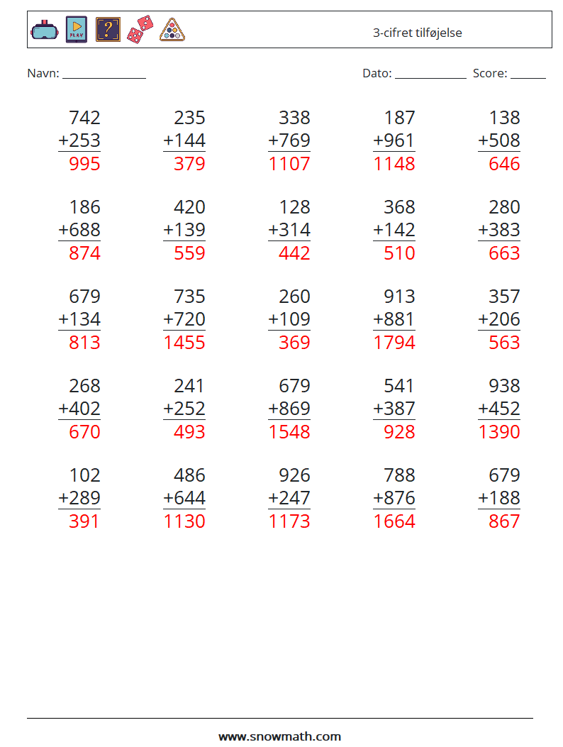 (25) 3-cifret tilføjelse Matematiske regneark 15 Spørgsmål, svar