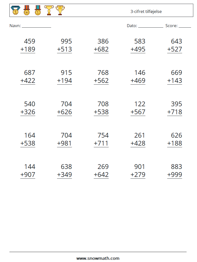 (25) 3-cifret tilføjelse Matematiske regneark 17