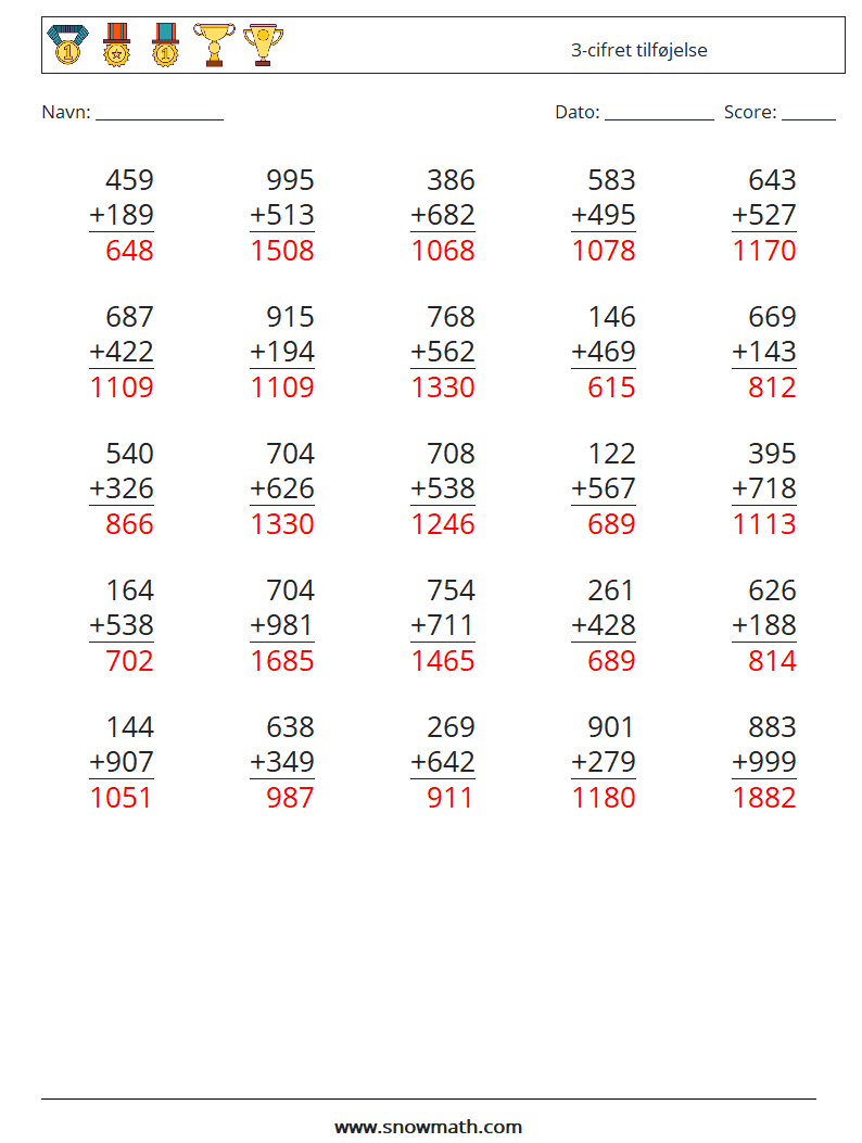 (25) 3-cifret tilføjelse Matematiske regneark 17 Spørgsmål, svar