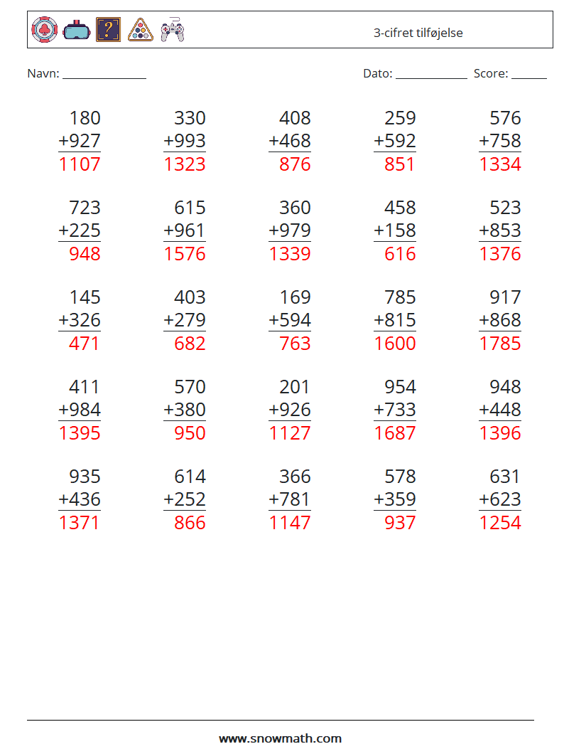 (25) 3-cifret tilføjelse Matematiske regneark 18 Spørgsmål, svar