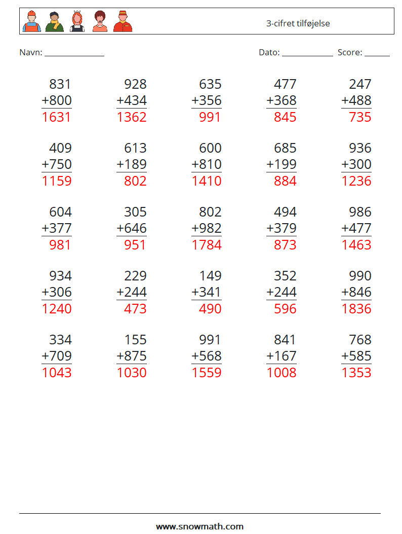 (25) 3-cifret tilføjelse Matematiske regneark 1 Spørgsmål, svar