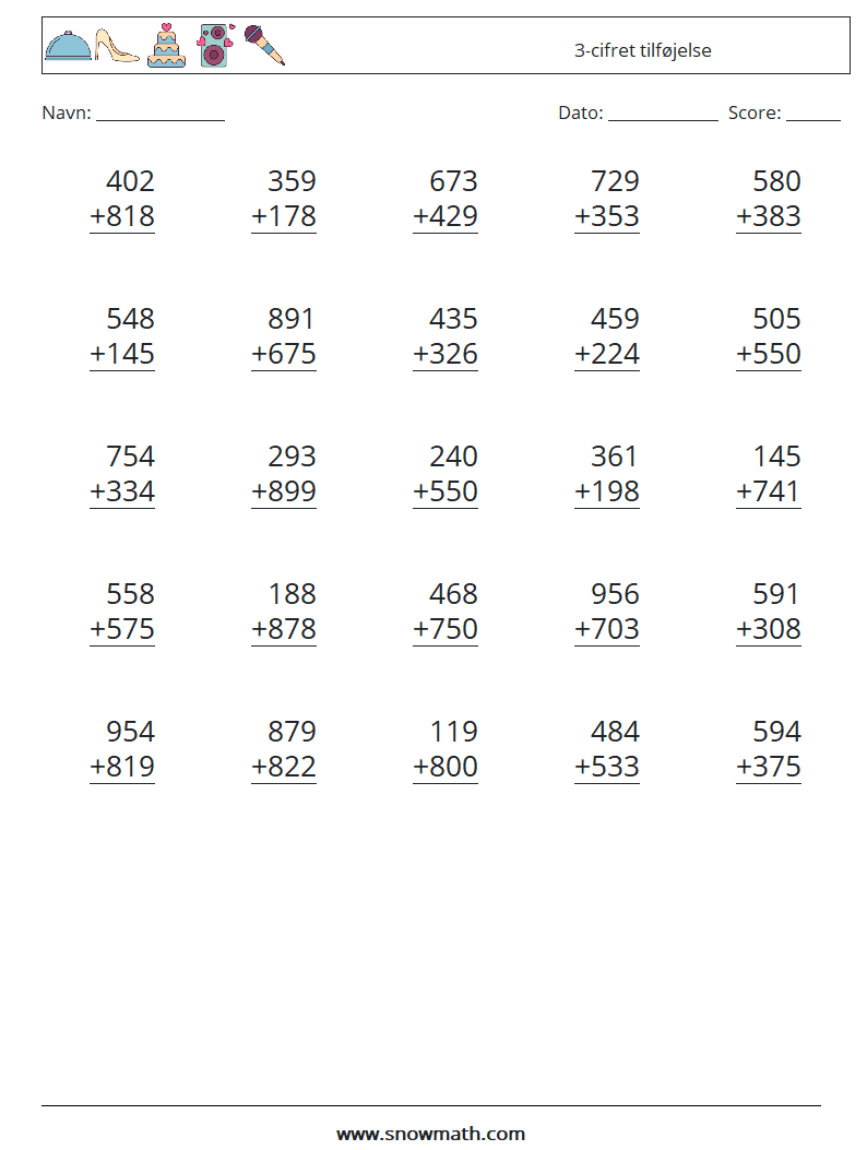 (25) 3-cifret tilføjelse Matematiske regneark 2