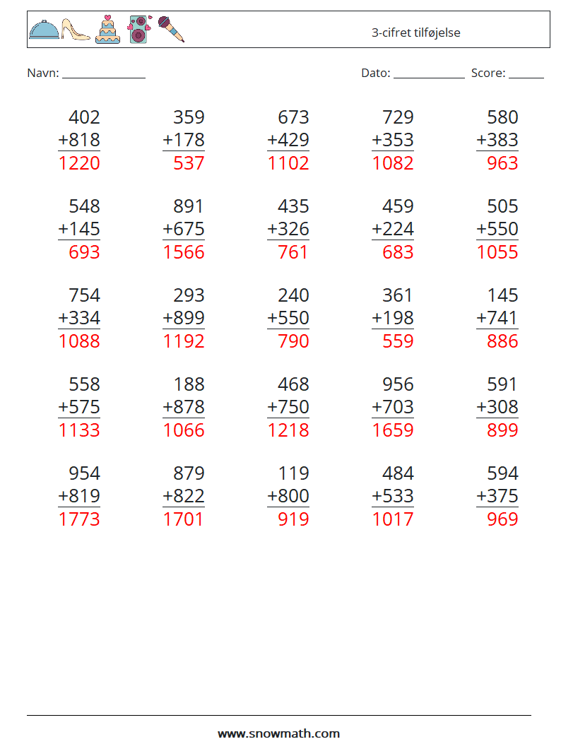 (25) 3-cifret tilføjelse Matematiske regneark 2 Spørgsmål, svar