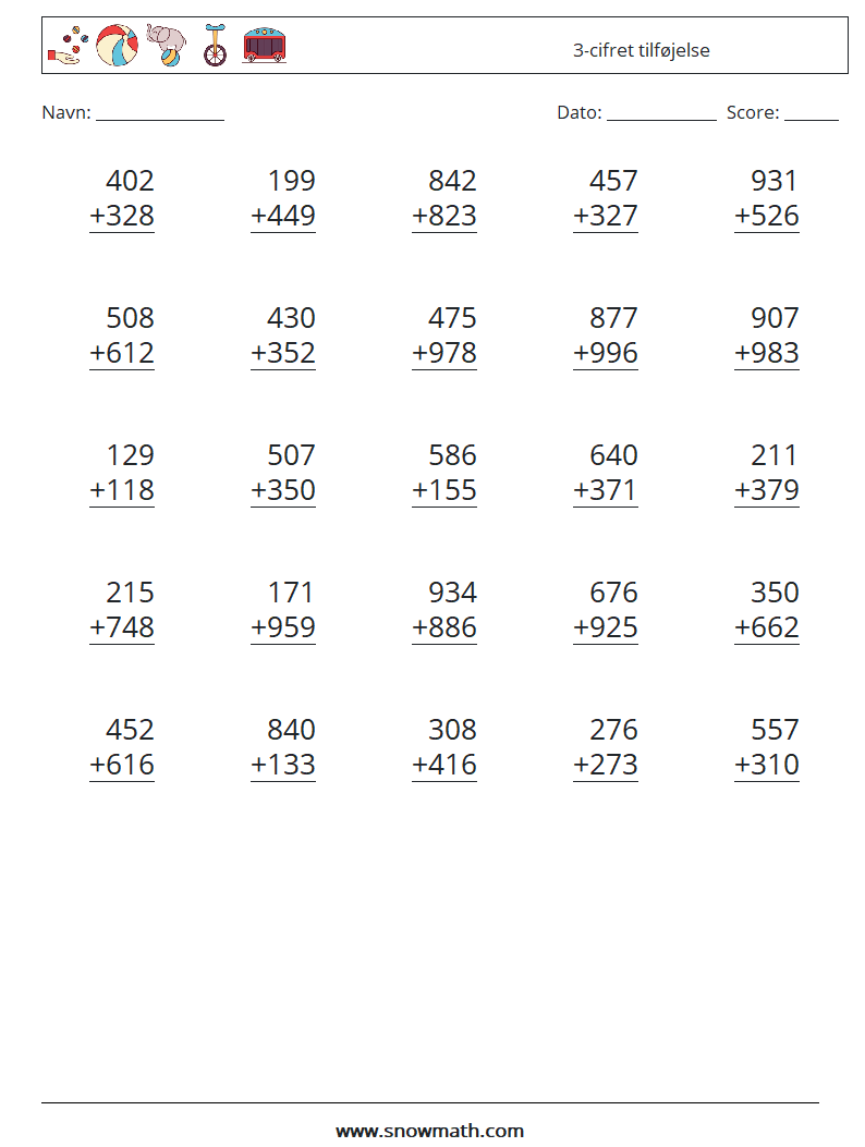 (25) 3-cifret tilføjelse Matematiske regneark 3