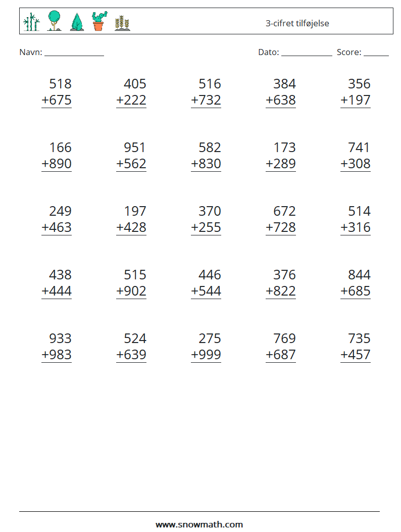 (25) 3-cifret tilføjelse Matematiske regneark 4