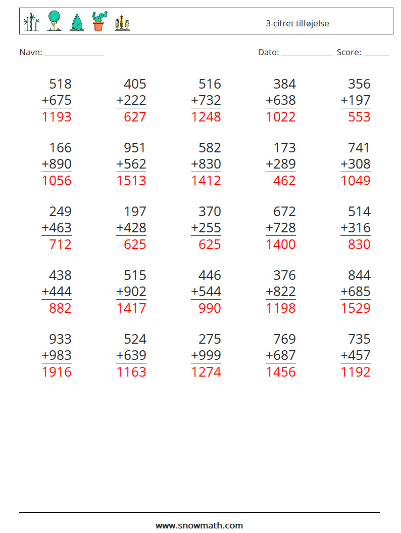 (25) 3-cifret tilføjelse Matematiske regneark 4 Spørgsmål, svar