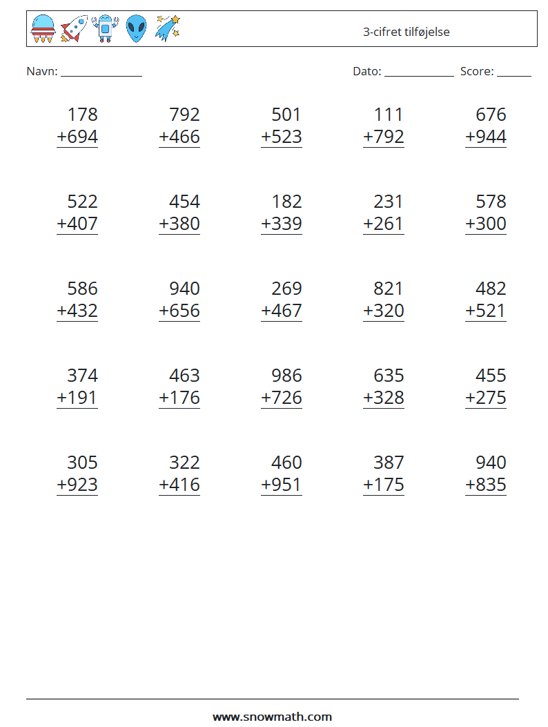 (25) 3-cifret tilføjelse Matematiske regneark 5