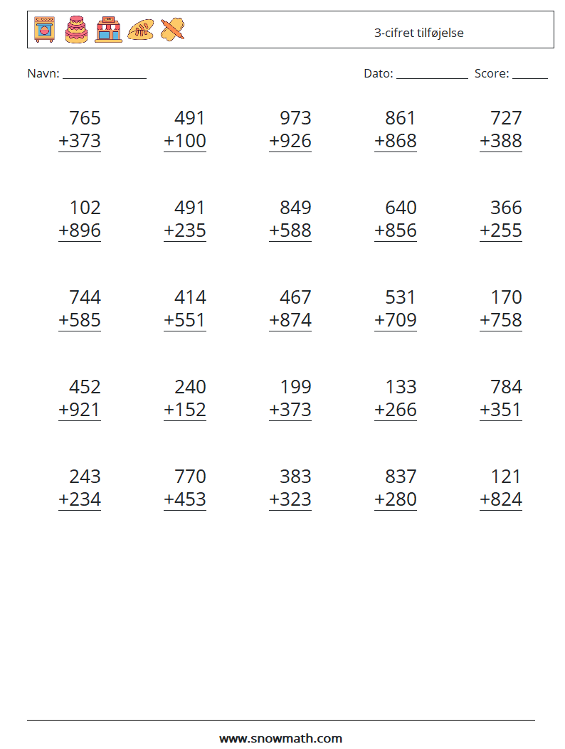 (25) 3-cifret tilføjelse Matematiske regneark 6