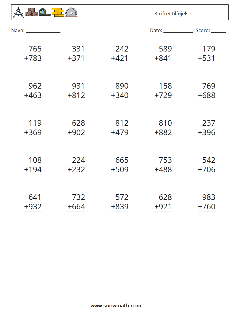 (25) 3-cifret tilføjelse Matematiske regneark 7