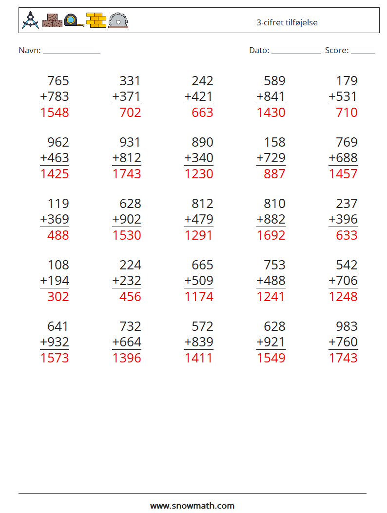 (25) 3-cifret tilføjelse Matematiske regneark 7 Spørgsmål, svar