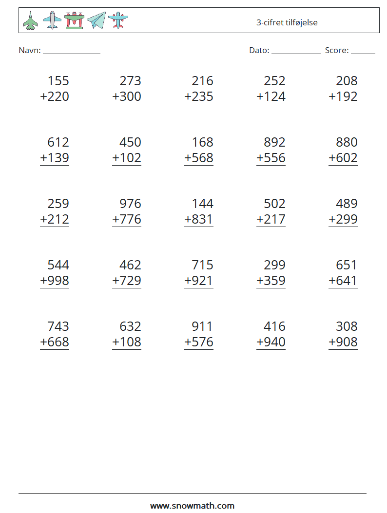 (25) 3-cifret tilføjelse Matematiske regneark 8