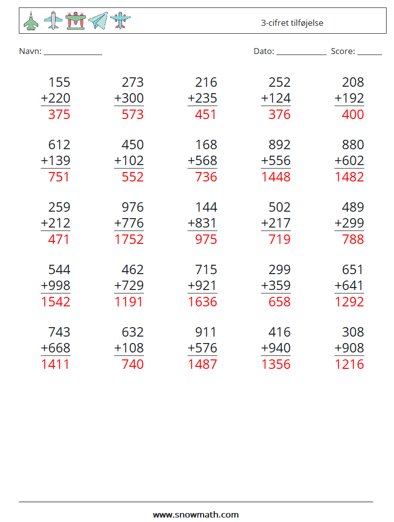 (25) 3-cifret tilføjelse Matematiske regneark 8 Spørgsmål, svar