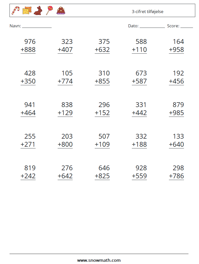 (25) 3-cifret tilføjelse Matematiske regneark 9