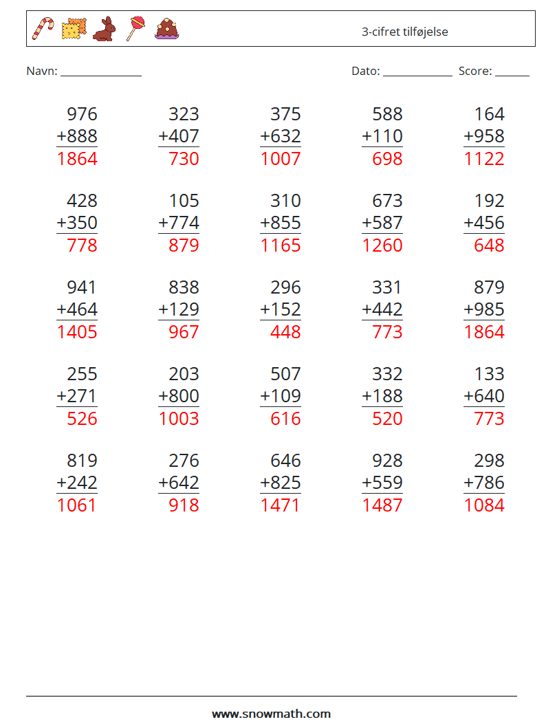 (25) 3-cifret tilføjelse Matematiske regneark 9 Spørgsmål, svar