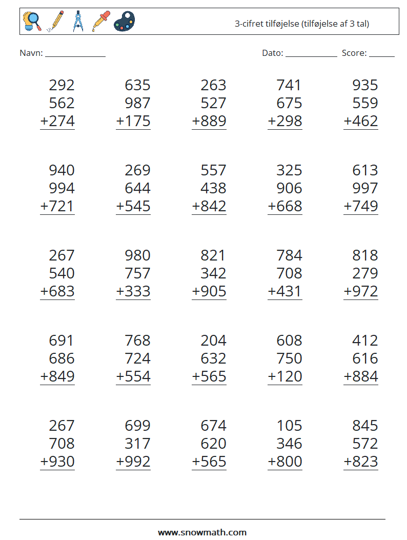 (25) 3-cifret tilføjelse (tilføjelse af 3 tal) Matematiske regneark 1