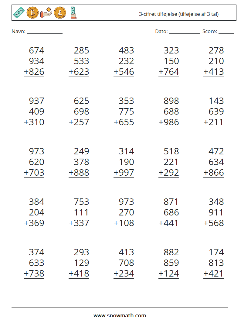 (25) 3-cifret tilføjelse (tilføjelse af 3 tal) Matematiske regneark 10