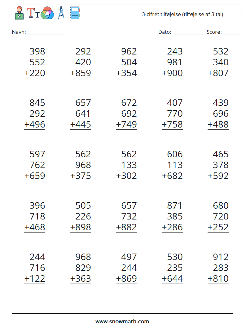 (25) 3-cifret tilføjelse (tilføjelse af 3 tal) Matematiske regneark 11