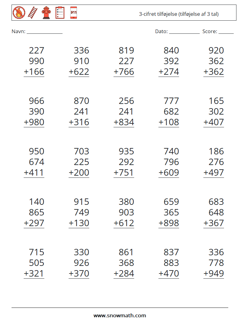 (25) 3-cifret tilføjelse (tilføjelse af 3 tal) Matematiske regneark 12