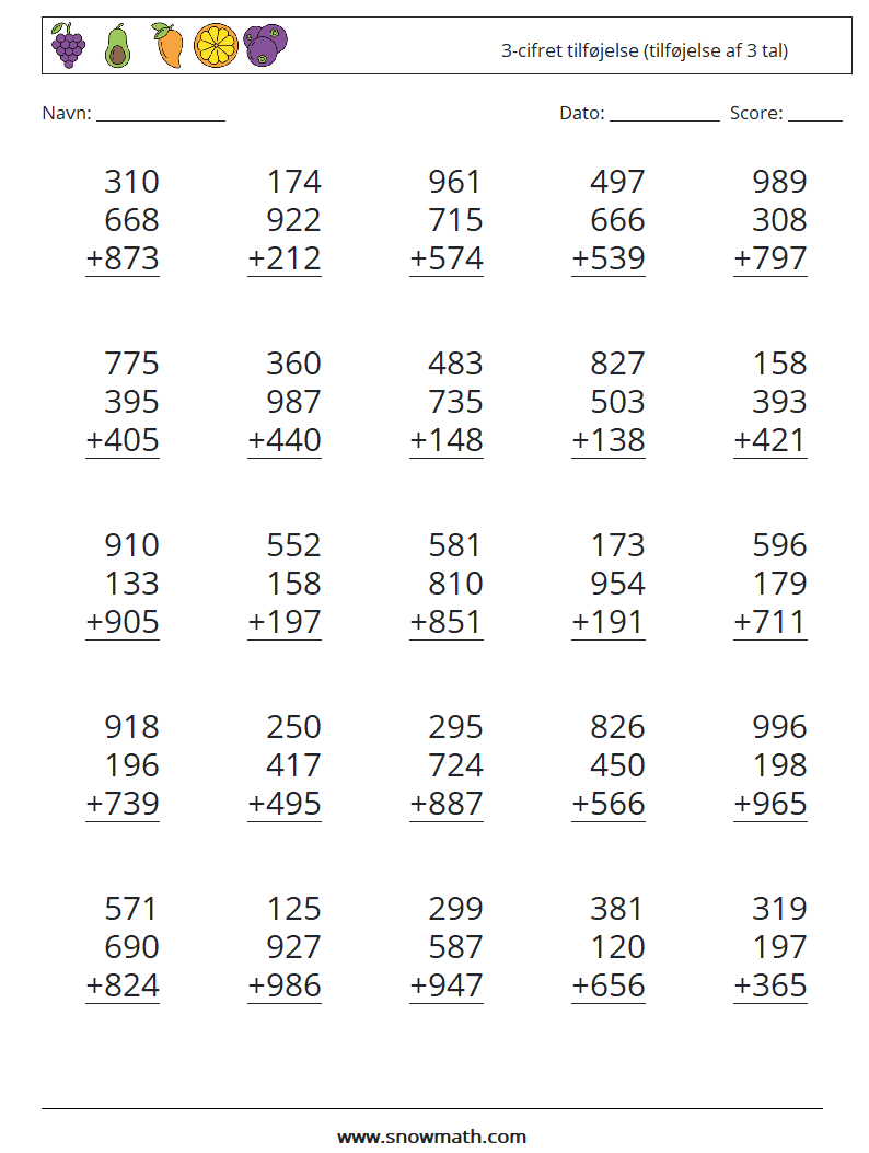 (25) 3-cifret tilføjelse (tilføjelse af 3 tal) Matematiske regneark 13