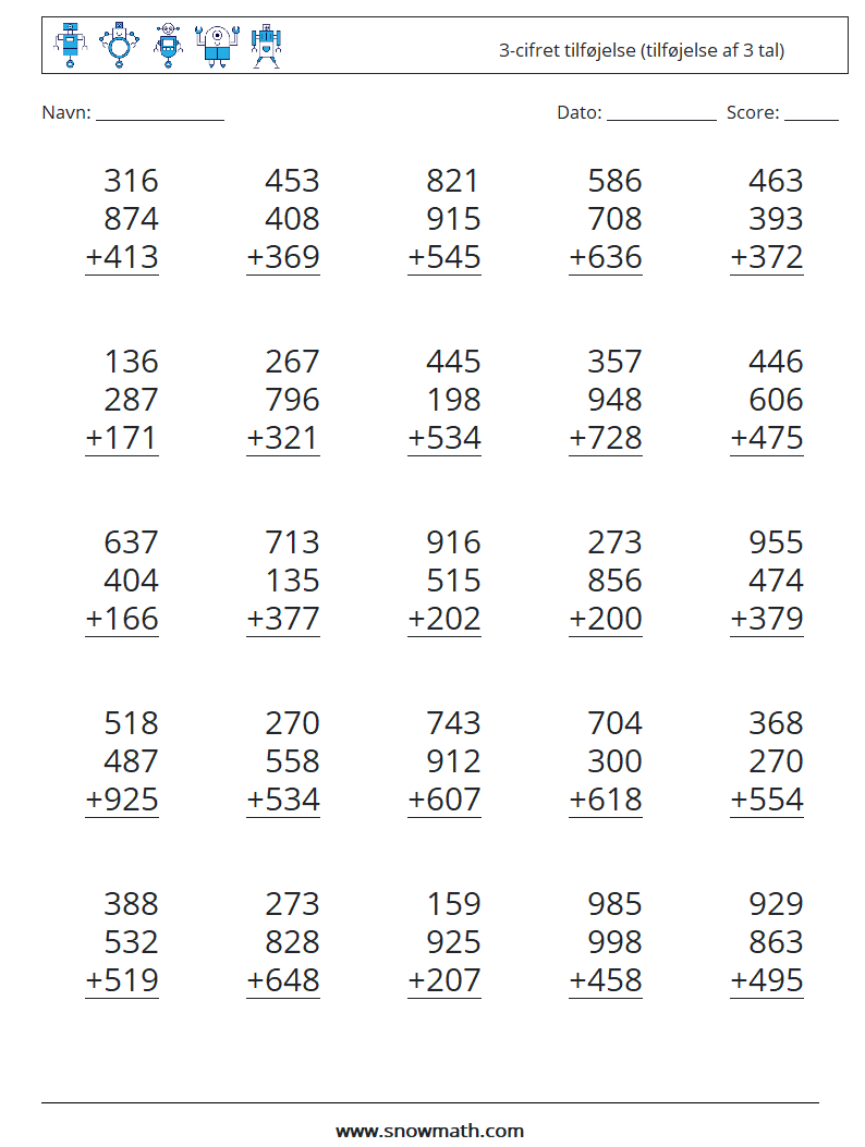 (25) 3-cifret tilføjelse (tilføjelse af 3 tal) Matematiske regneark 14