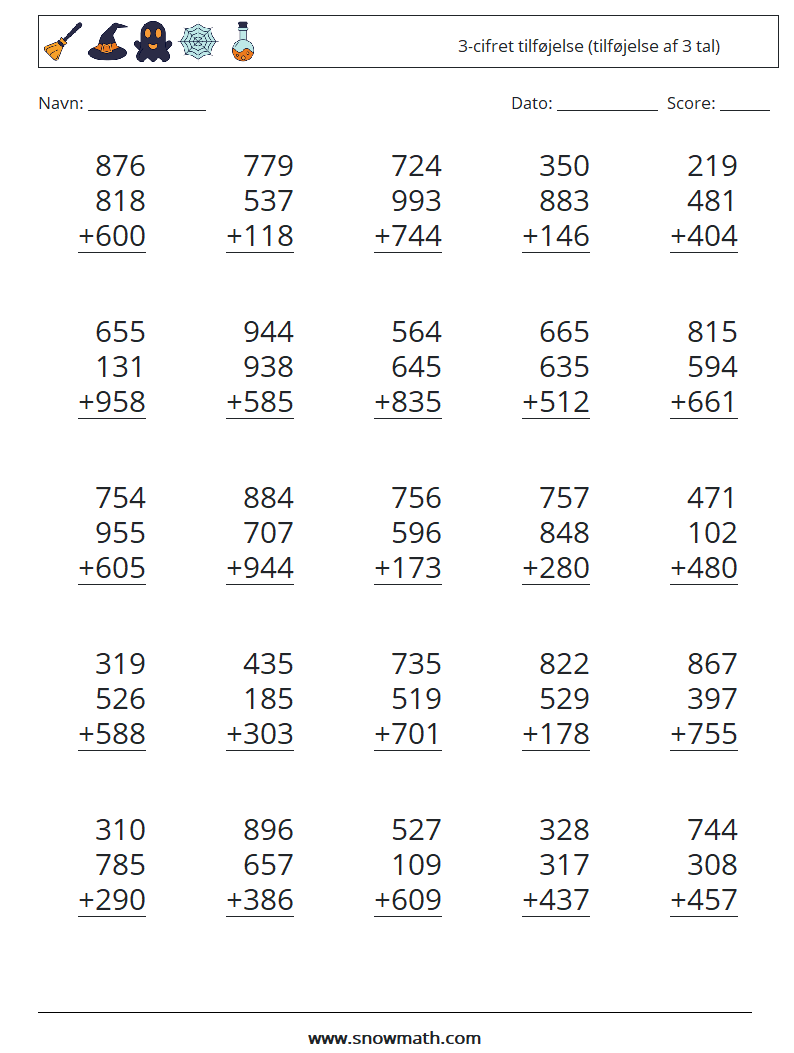 (25) 3-cifret tilføjelse (tilføjelse af 3 tal) Matematiske regneark 15