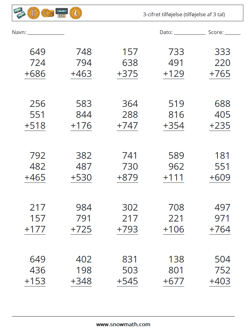 (25) 3-cifret tilføjelse (tilføjelse af 3 tal) Matematiske regneark 16