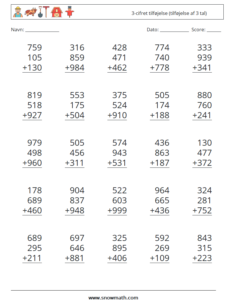 (25) 3-cifret tilføjelse (tilføjelse af 3 tal) Matematiske regneark 17