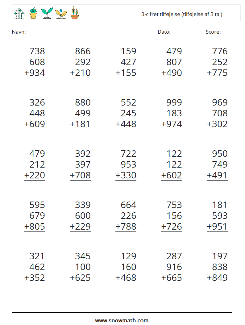 (25) 3-cifret tilføjelse (tilføjelse af 3 tal) Matematiske regneark 18