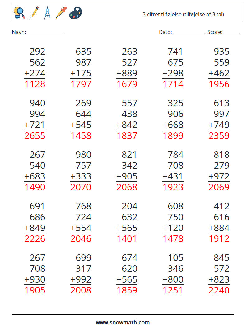 (25) 3-cifret tilføjelse (tilføjelse af 3 tal) Matematiske regneark 1 Spørgsmål, svar