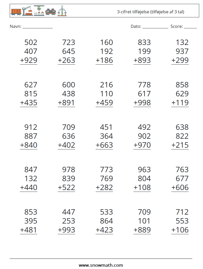 (25) 3-cifret tilføjelse (tilføjelse af 3 tal) Matematiske regneark 2