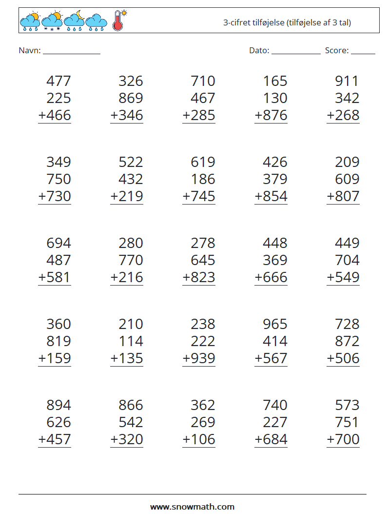 (25) 3-cifret tilføjelse (tilføjelse af 3 tal) Matematiske regneark 3