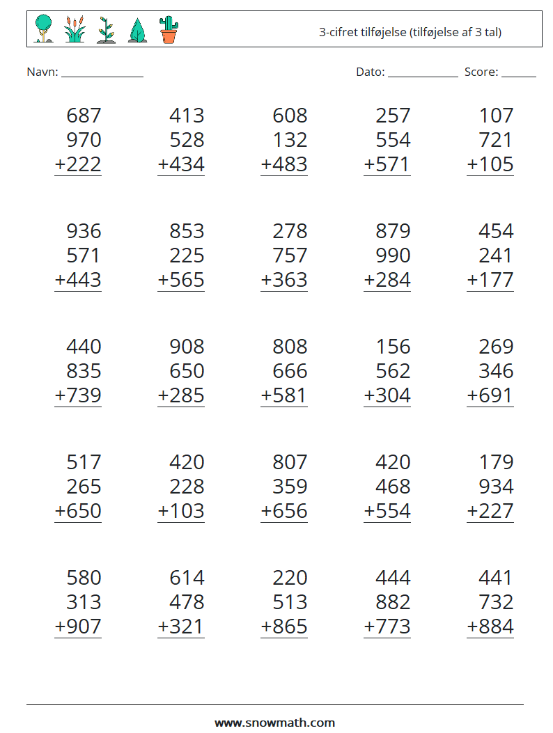 (25) 3-cifret tilføjelse (tilføjelse af 3 tal) Matematiske regneark 4