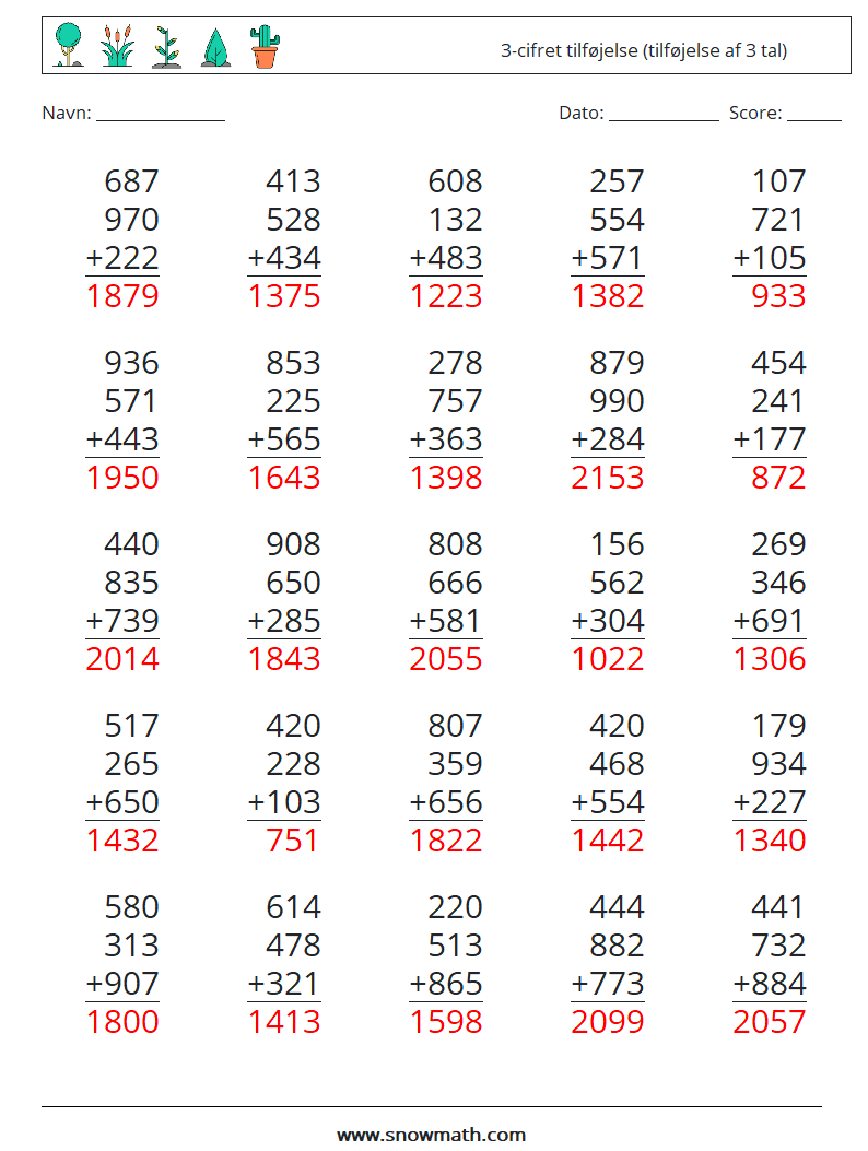 (25) 3-cifret tilføjelse (tilføjelse af 3 tal) Matematiske regneark 4 Spørgsmål, svar