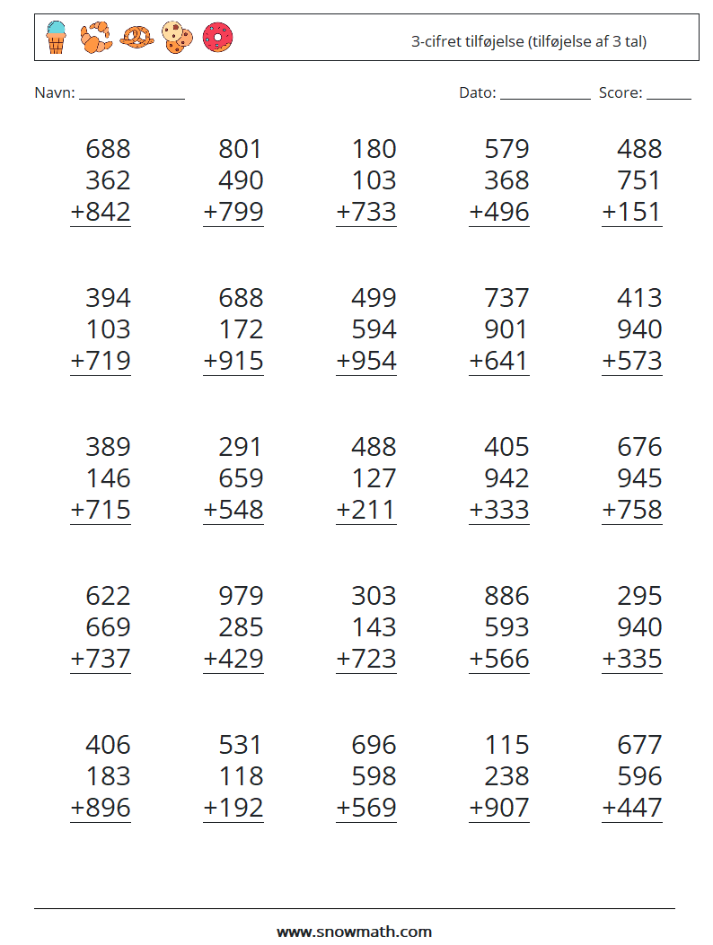 (25) 3-cifret tilføjelse (tilføjelse af 3 tal) Matematiske regneark 5