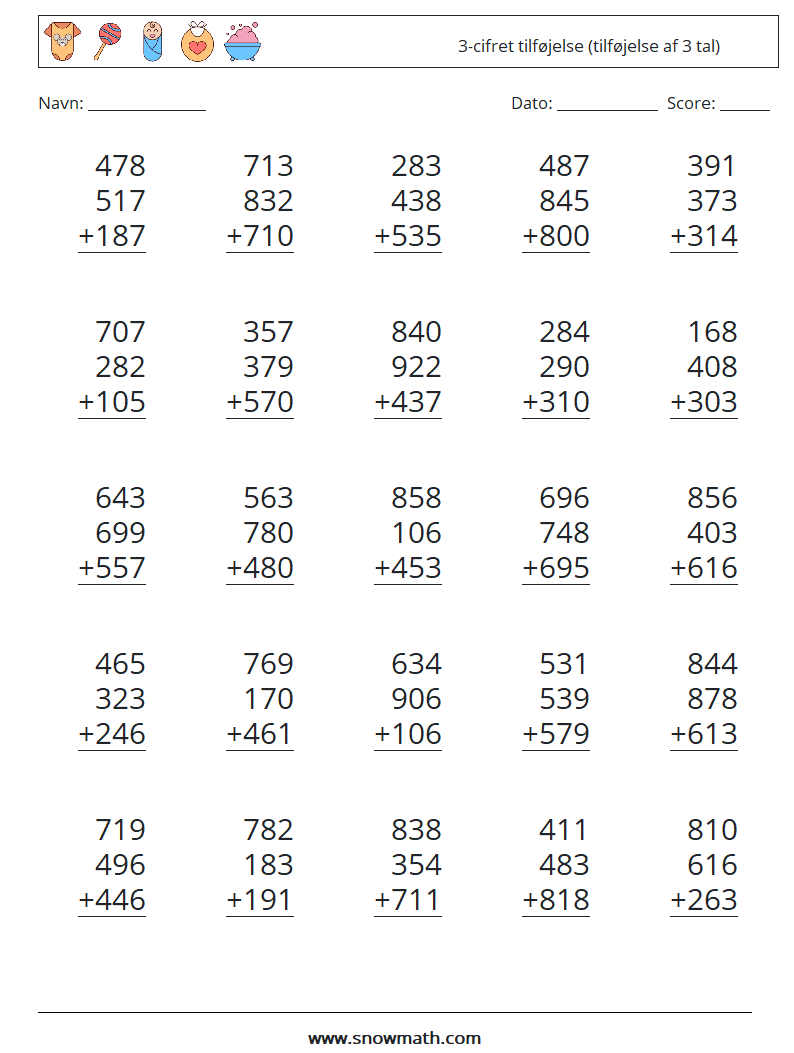 (25) 3-cifret tilføjelse (tilføjelse af 3 tal) Matematiske regneark 6