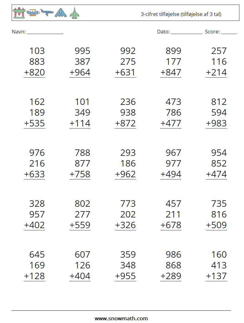 (25) 3-cifret tilføjelse (tilføjelse af 3 tal) Matematiske regneark 7