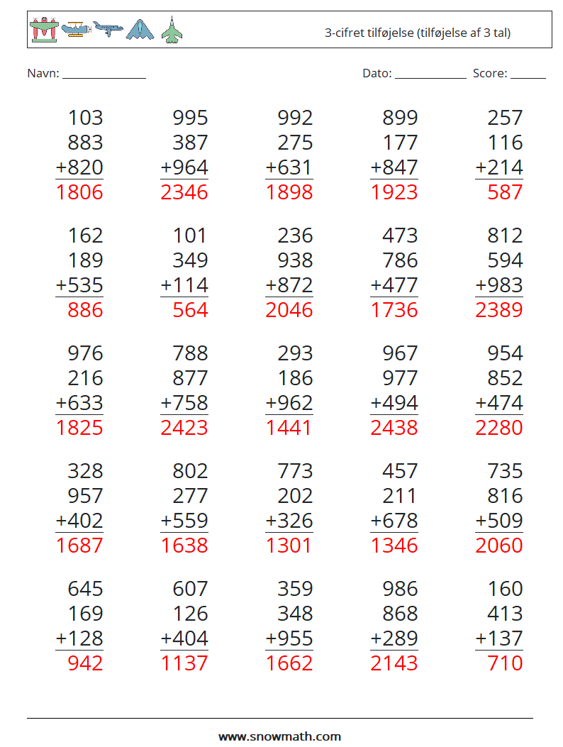 (25) 3-cifret tilføjelse (tilføjelse af 3 tal) Matematiske regneark 7 Spørgsmål, svar